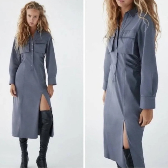 Zara Gray Button Up Long Sleeve Ruche Shirt Dress w Side Slit NWT Size Large - Picture 1 of 8